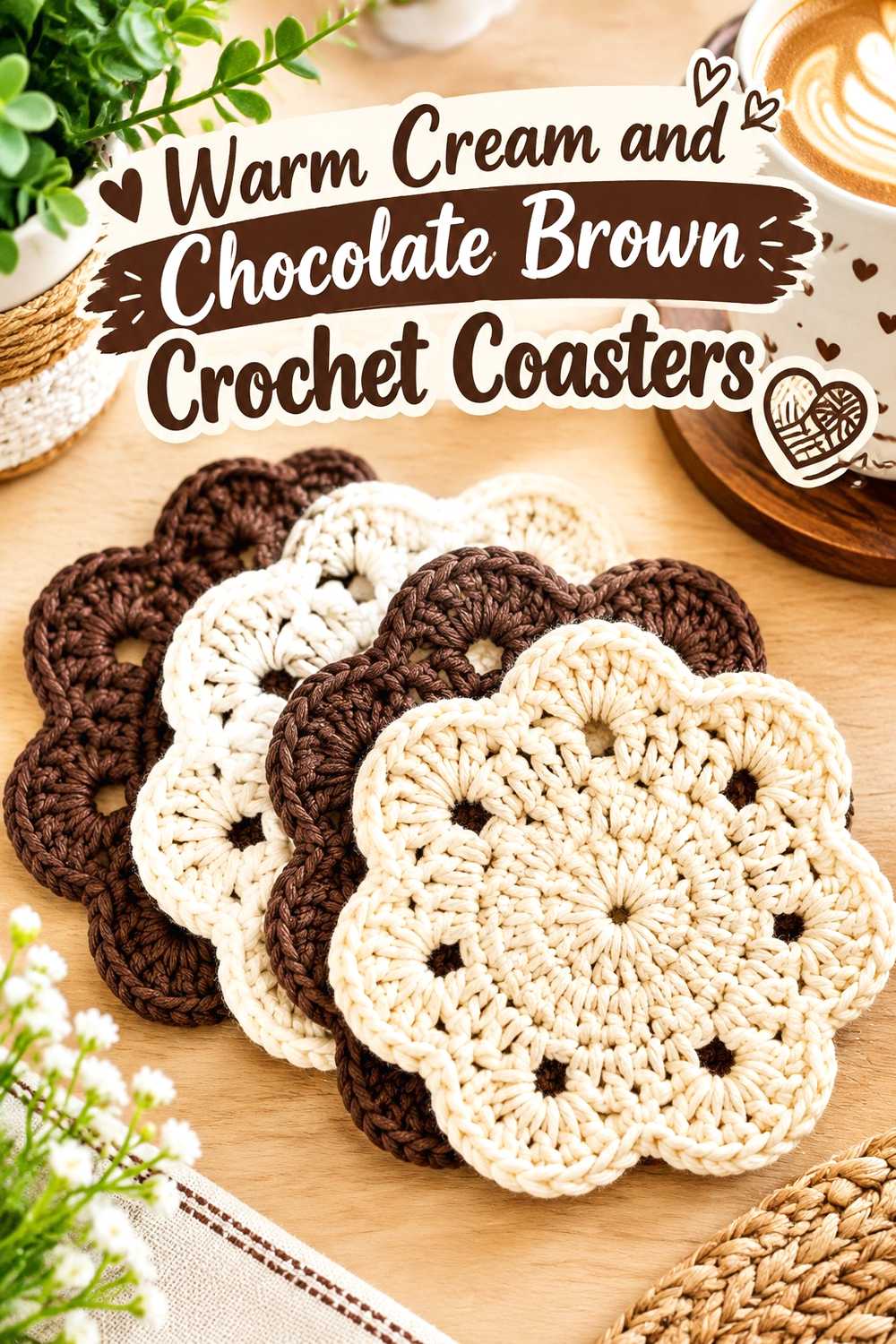 12. Warm Cream And Chocolate Brown Crochet Coasters