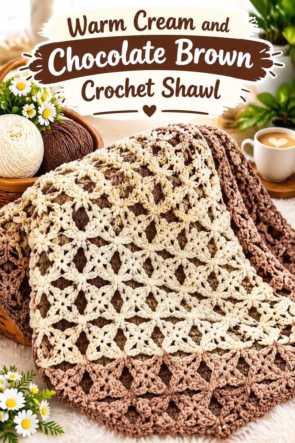 10. Warm Cream And Chocolate Brown Crochet Shawl