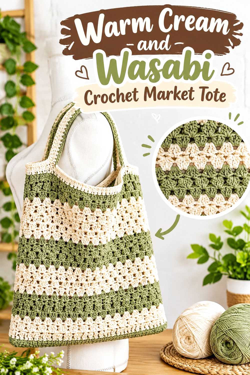 4. Warm Cream And Wasabi Crochet Market Tote