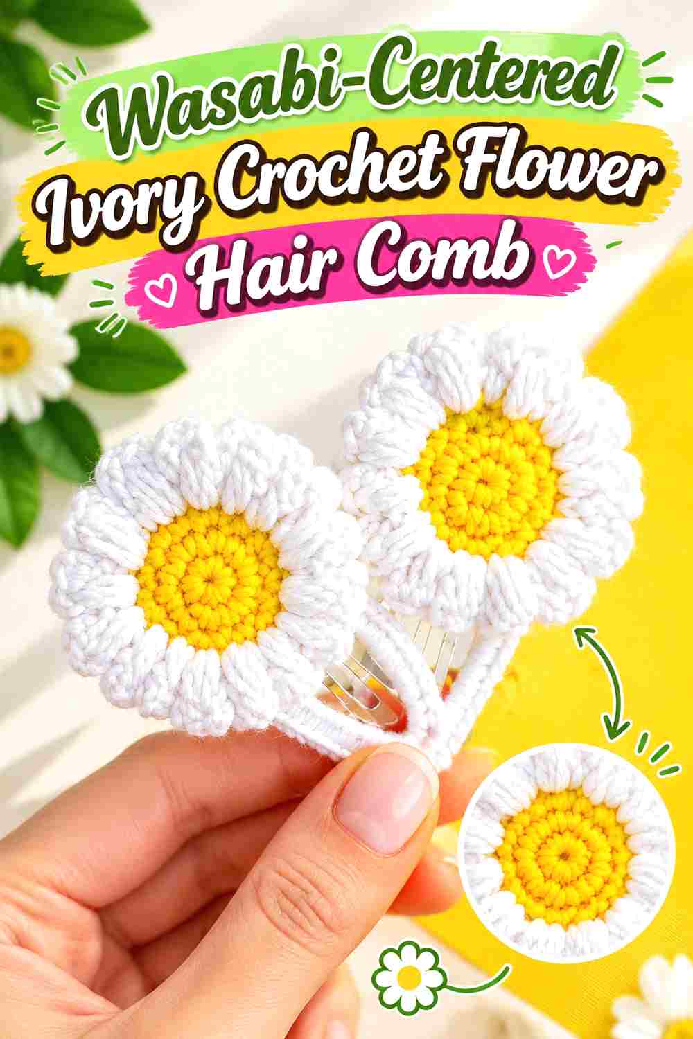 13. Wasabi Centered Ivory Crochet Flower Hair Comb