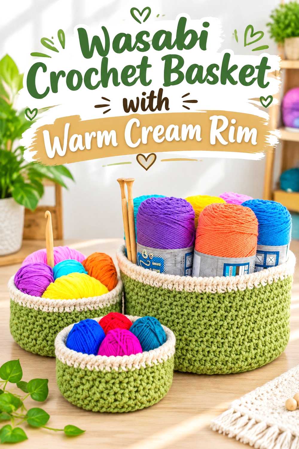 3. Wasabi Crochet Basket With Warm Cream Rim