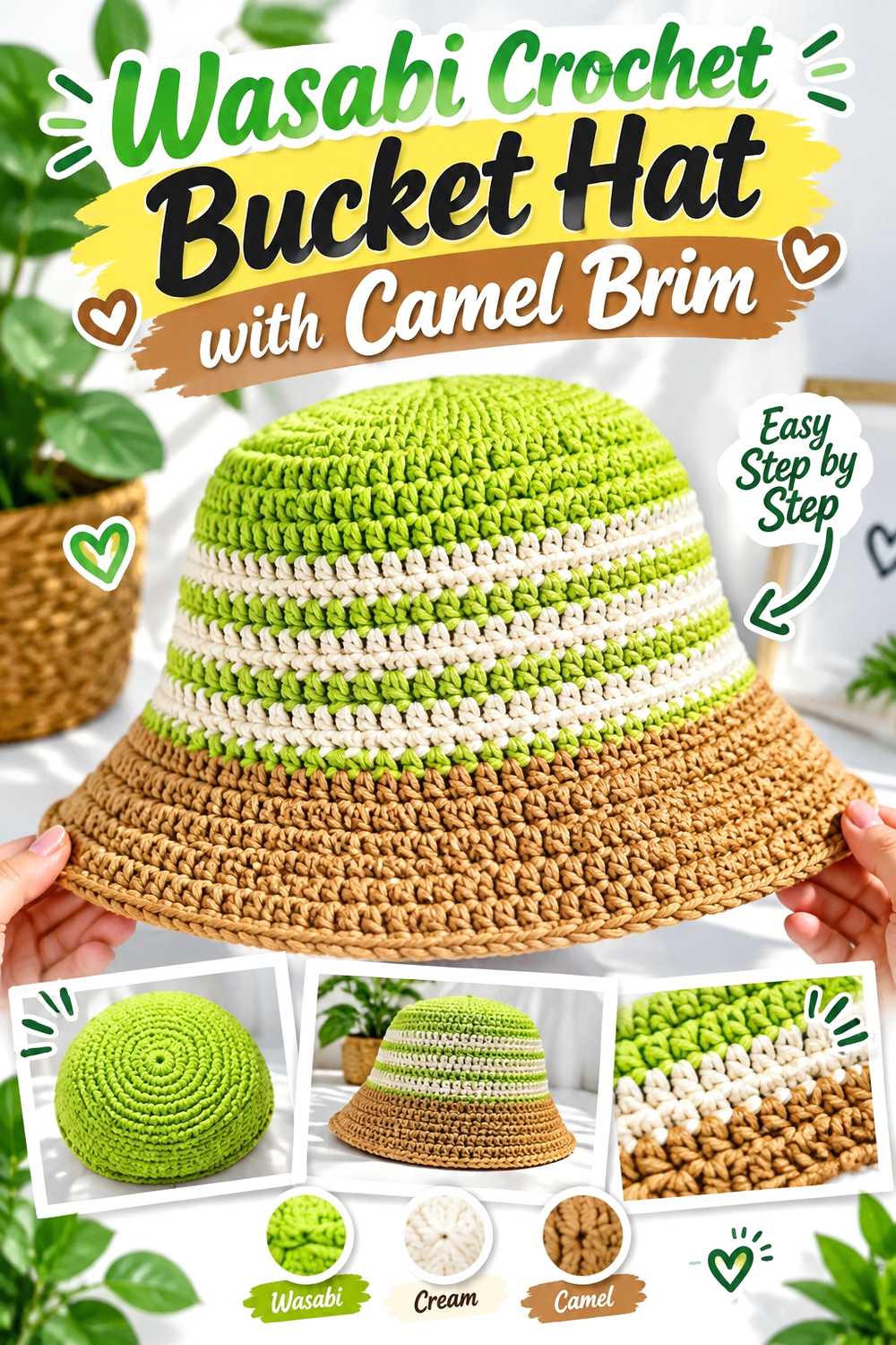 8. Wasabi Crochet Bucket Hat With Camel Brim