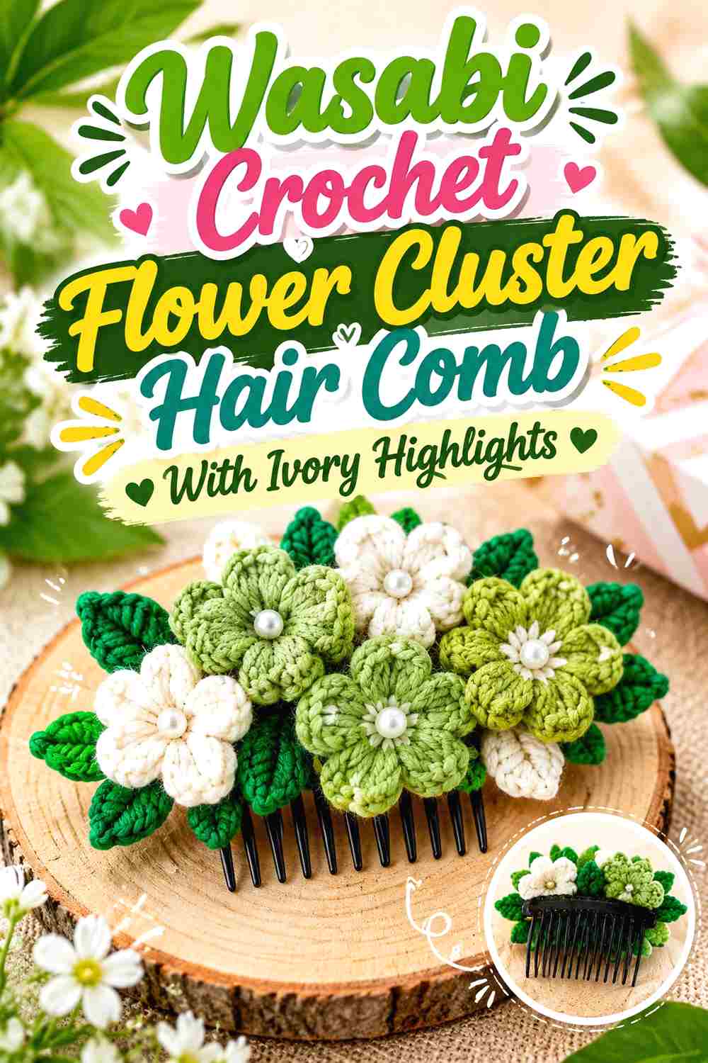 10. Wasabi Crochet Flower Cluster Hair Comb With Ivory Highlights