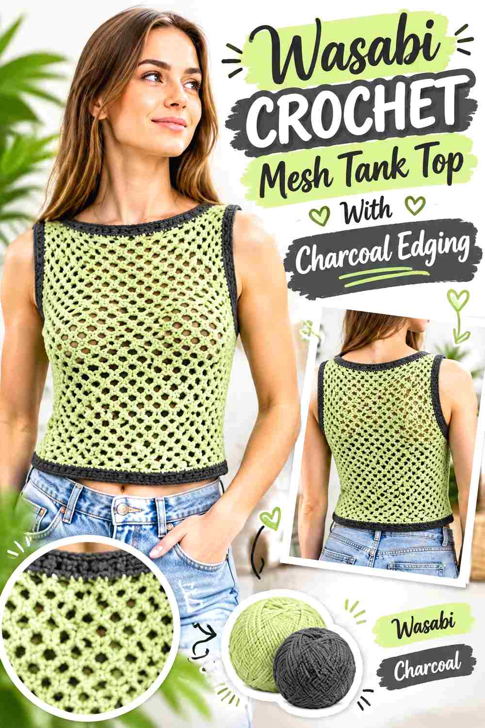 1. Wasabi Crochet Mesh Tank Top With Charcoal Edging