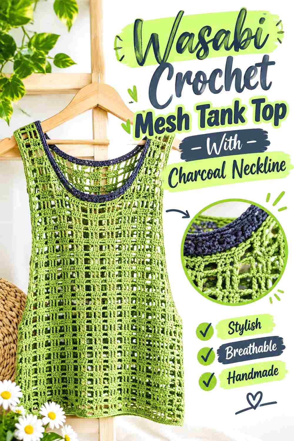 6. Wasabi Crochet Mesh Tank Top With Charcoal Neckline