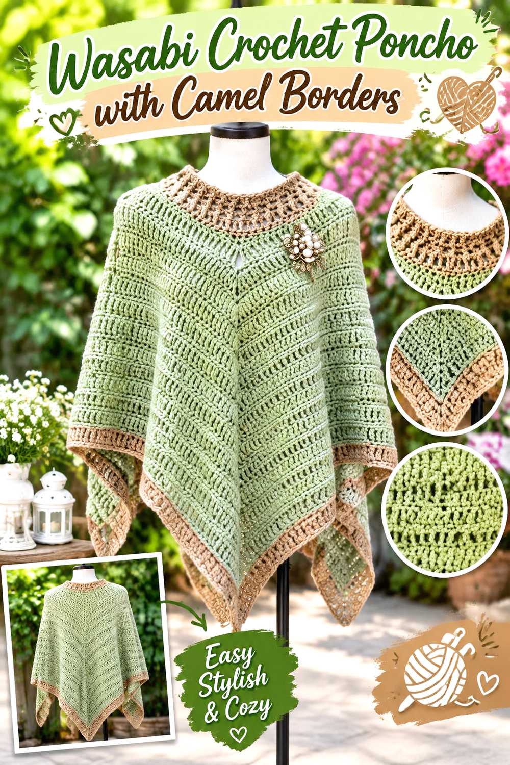 6. Wasabi Crochet Poncho With Camel Borders