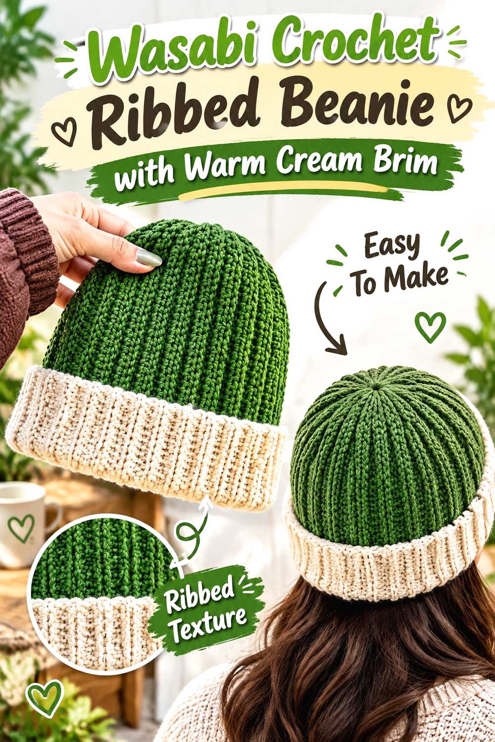 2. Wasabi Crochet Ribbed Beanie With Warm Cream Brim