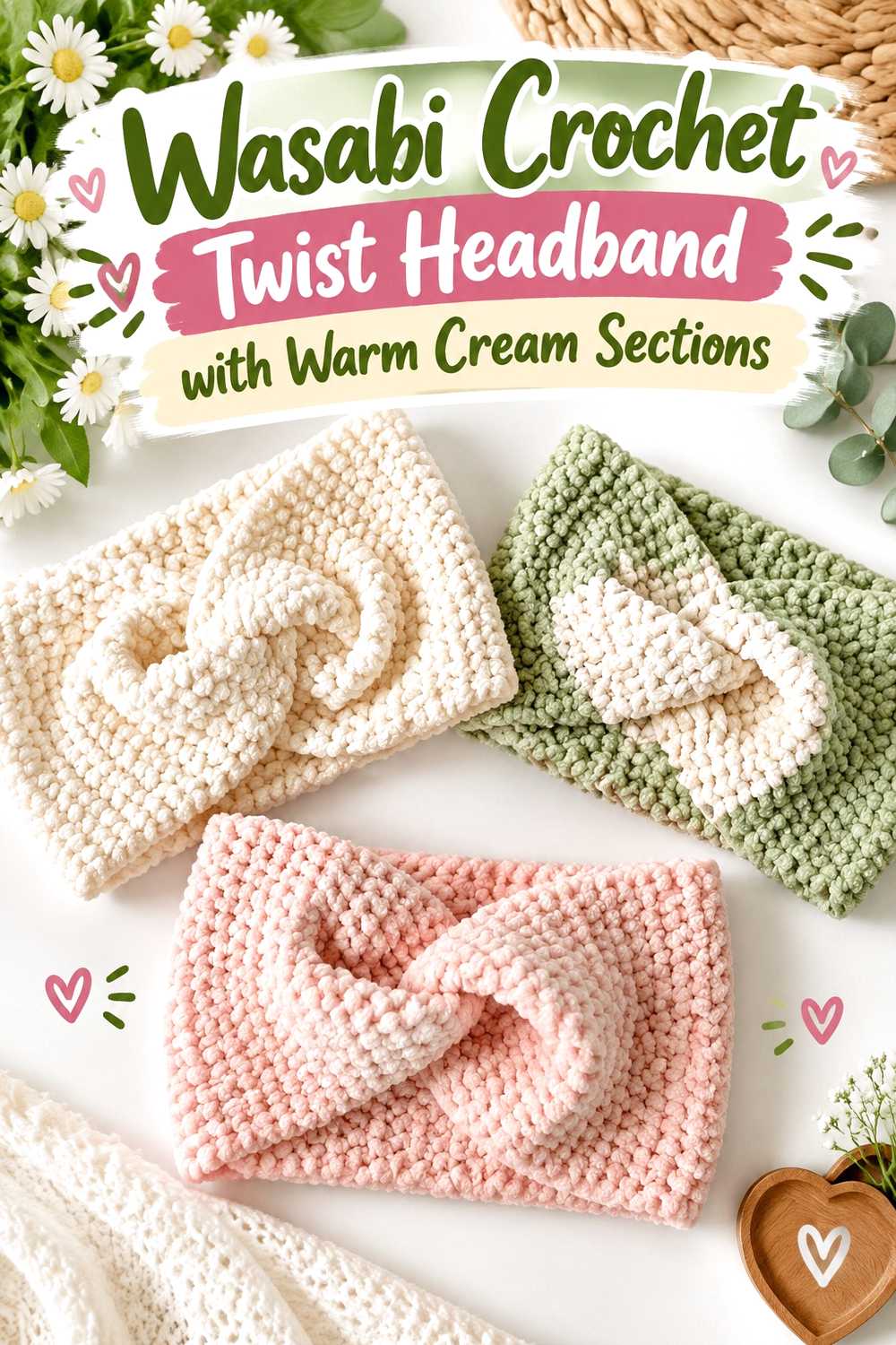 13. Wasabi Crochet Twist Headband With Warm Cream Sections