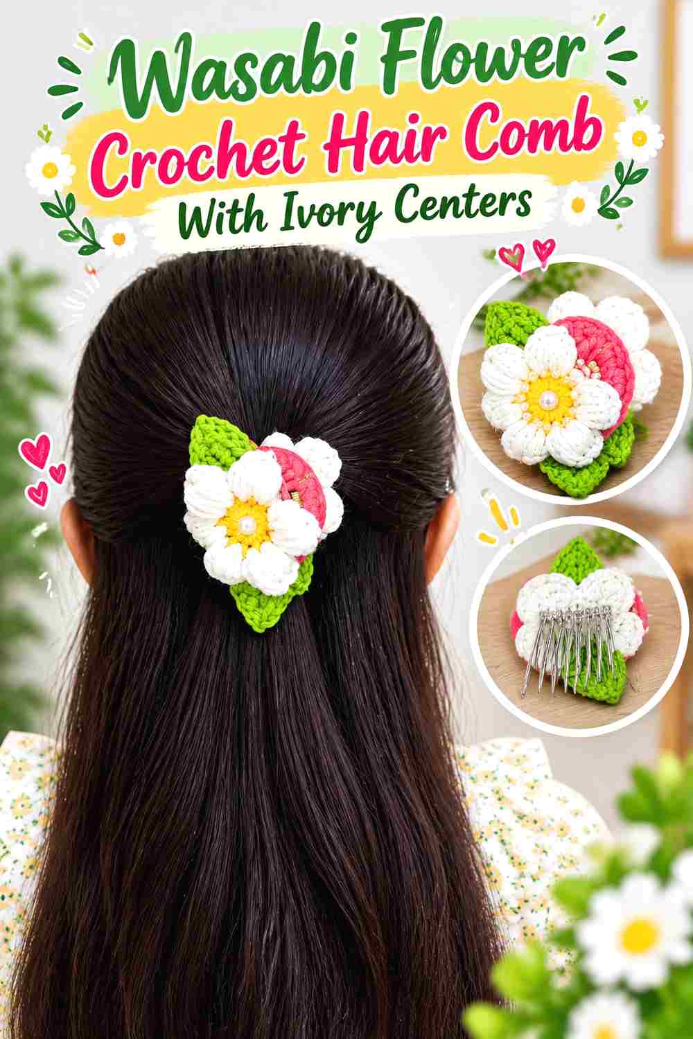 2. Wasabi Flower Crochet Hair Comb With Ivory Centers