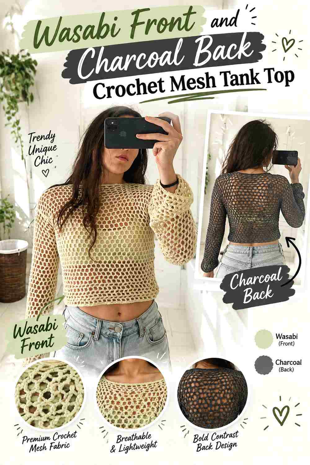 9. Wasabi Front And Charcoal Back Crochet Mesh Tank Top