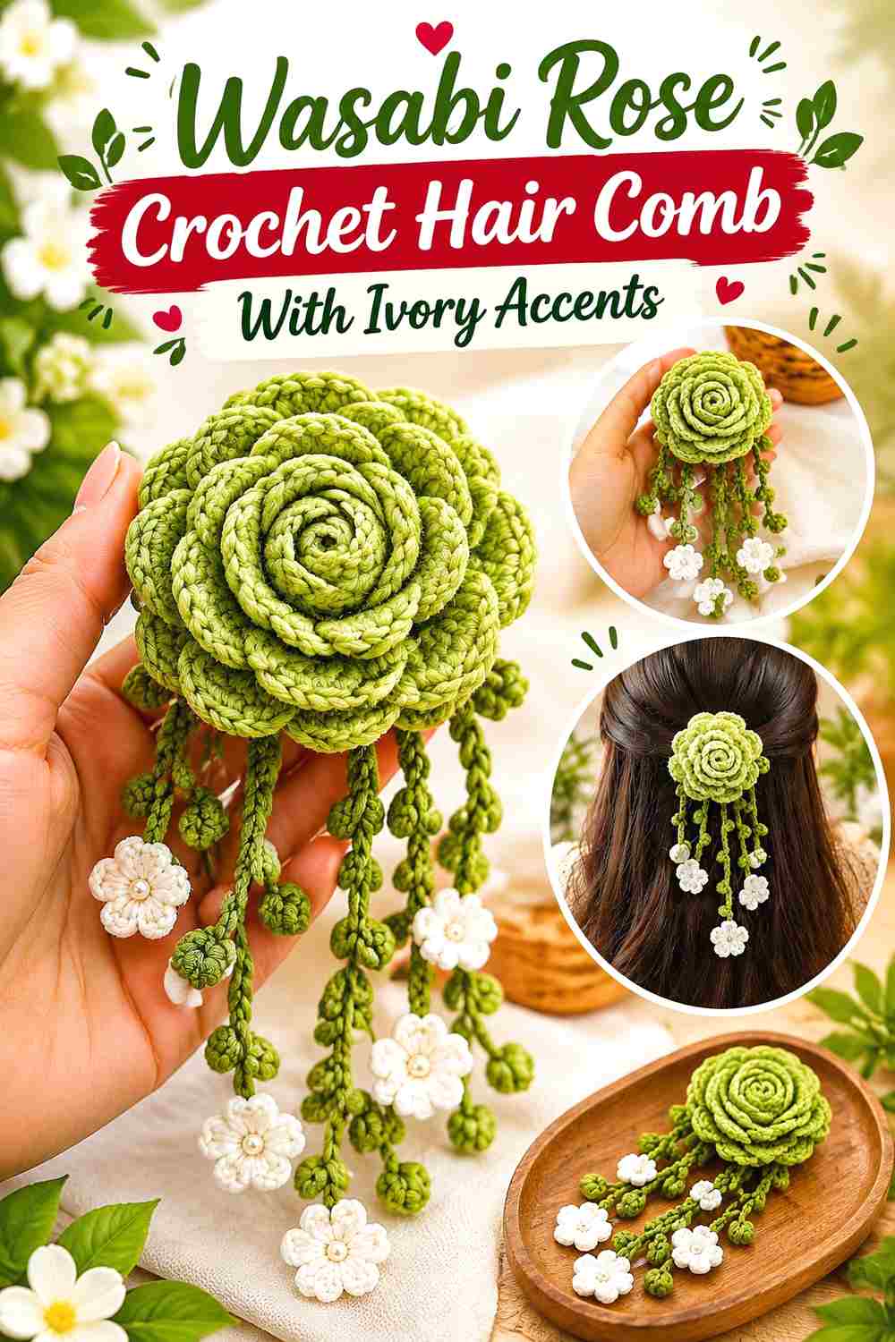 6. Wasabi Rose Crochet Hair Comb With Ivory Accents