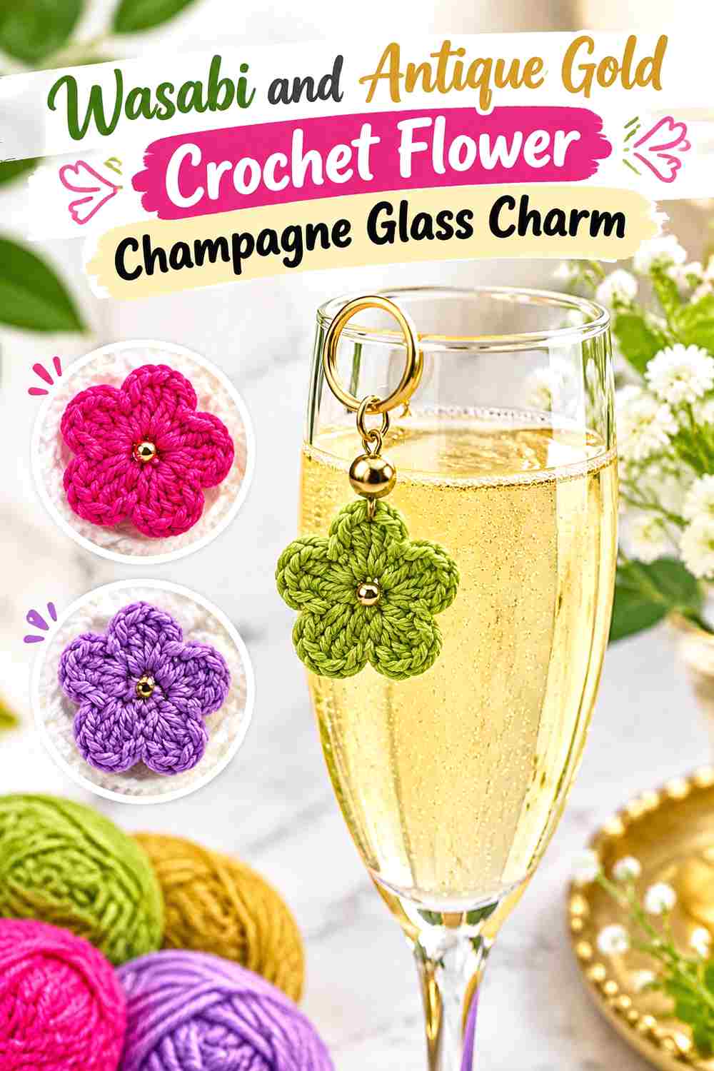 5. Wasabi And Antique Gold Crochet Flower Champagne Glass Charm
