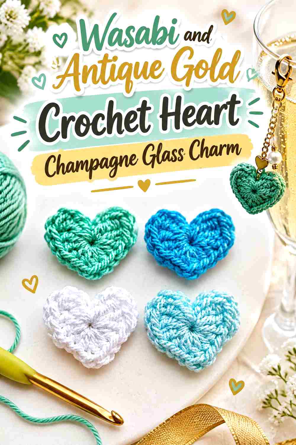 2. Wasabi And Antique Gold Crochet Heart Champagne Glass Charm