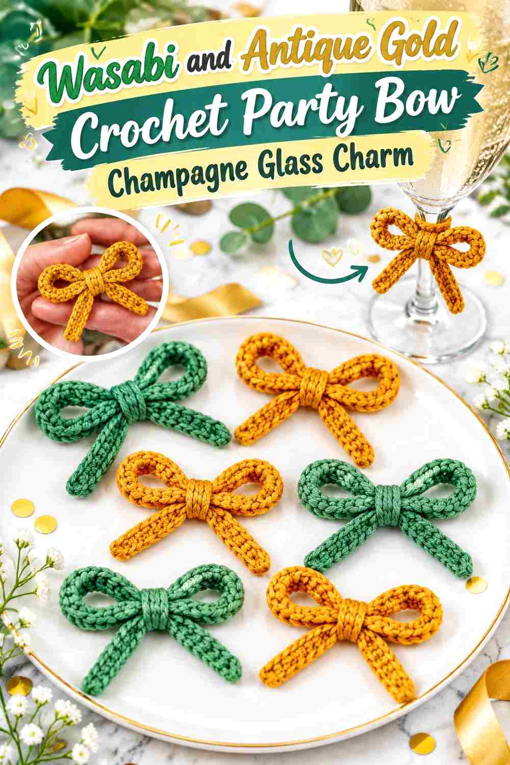 9. Wasabi And Antique Gold Crochet Party Bow Champagne Glass Charm