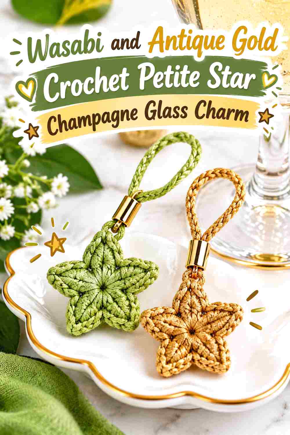 7. Wasabi And Antique Gold Crochet Petite Star Champagne Glass Charm