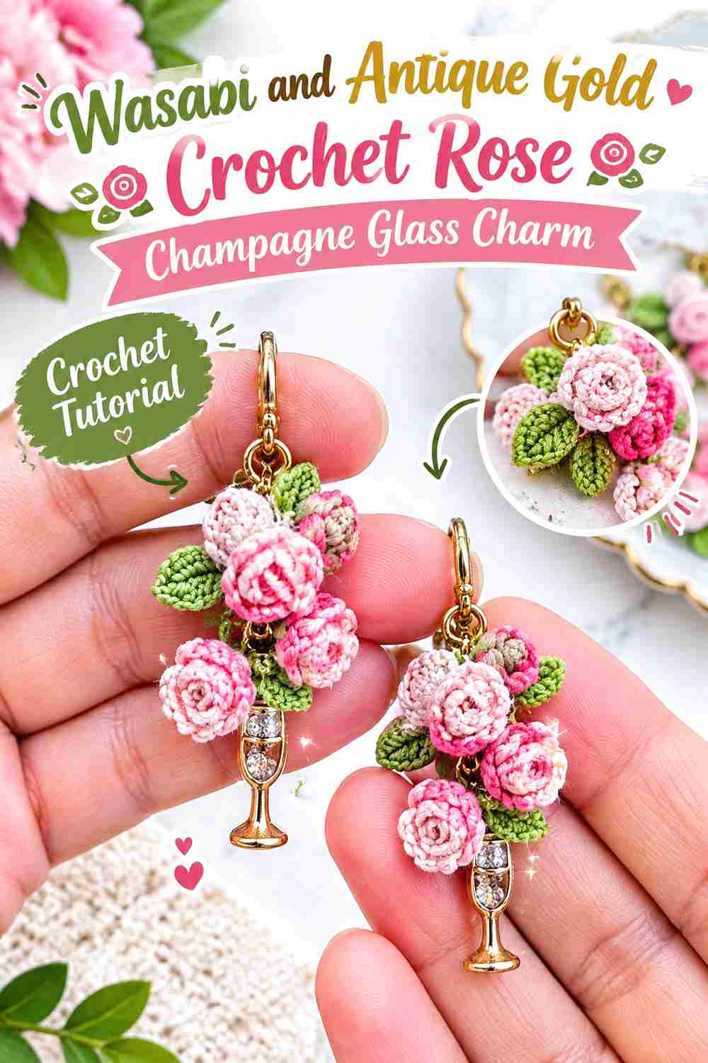 11. Wasabi And Antique Gold Crochet Rose Champagne Glass Charm