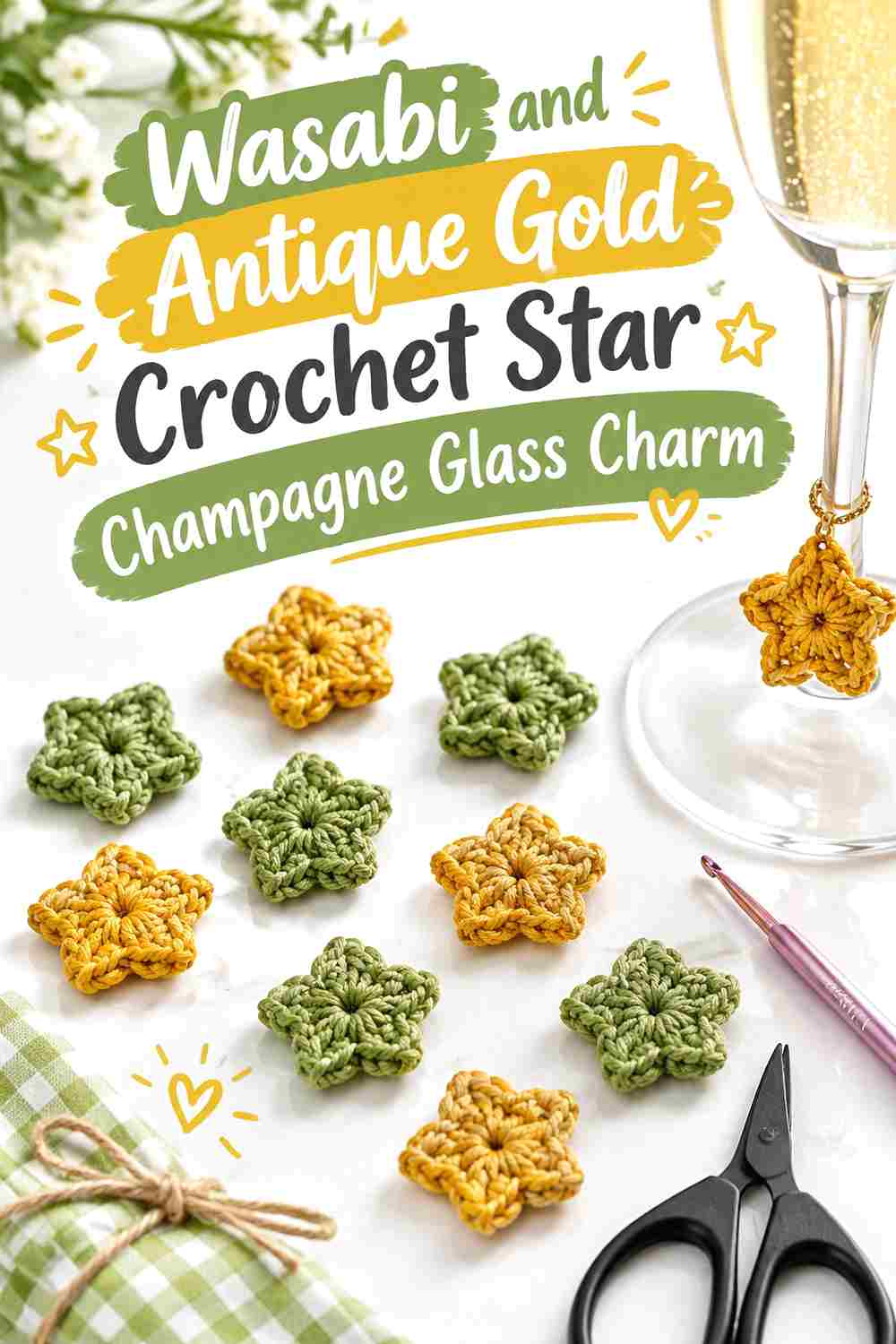 1. Wasabi And Antique Gold Crochet Star Champagne Glass Charm