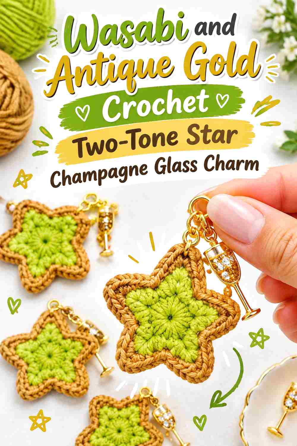6. Wasabi And Antique Gold Crochet Two Tone Star Champagne Glass Charm