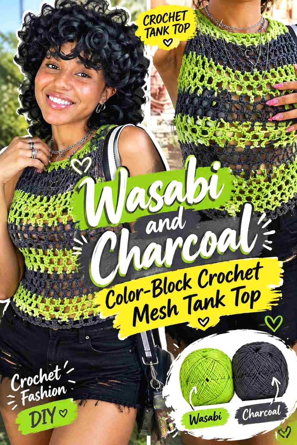 8. Wasabi And Charcoal Color Block Crochet Mesh Tank Top