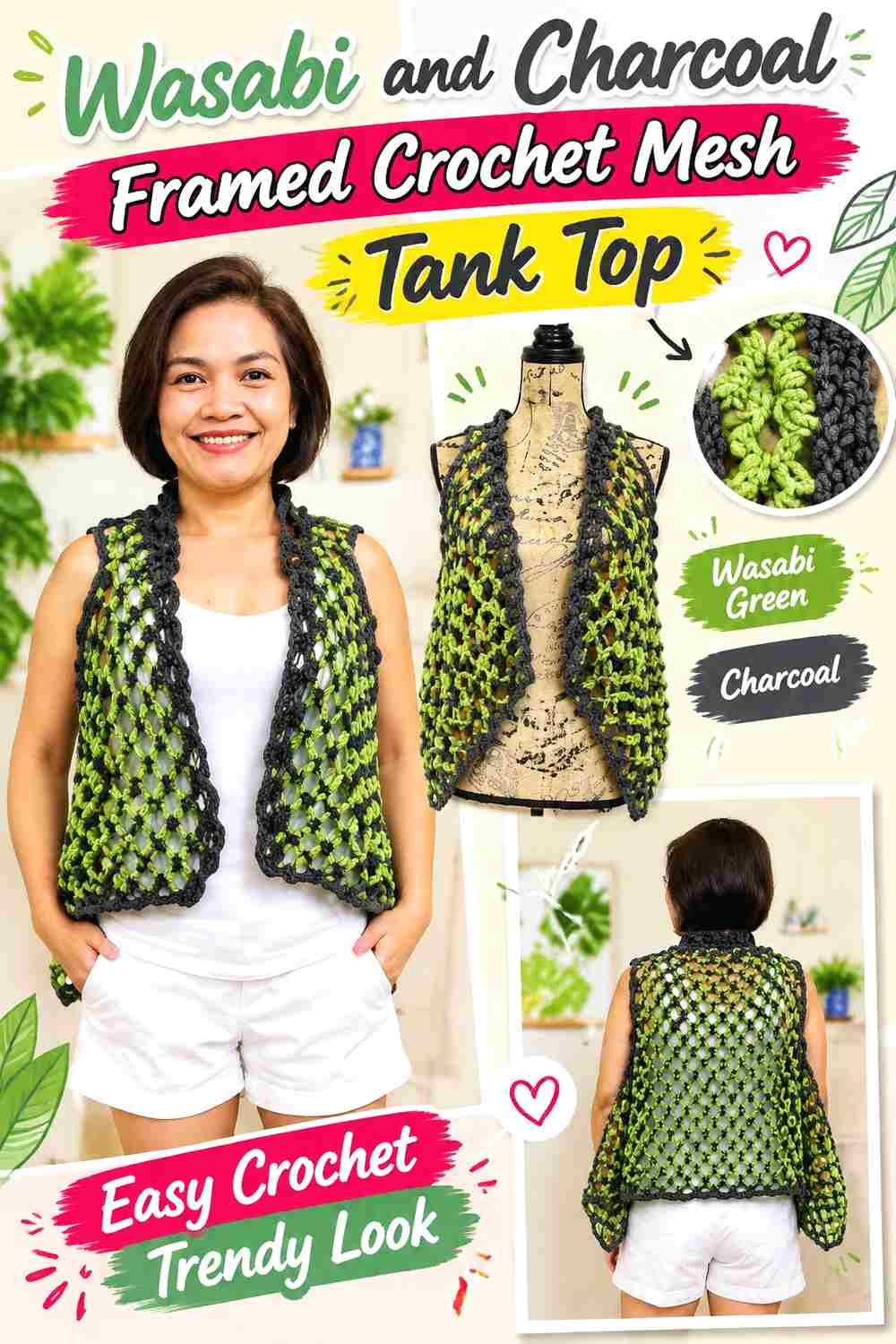 16. Wasabi And Charcoal Framed Crochet Mesh Tank Top