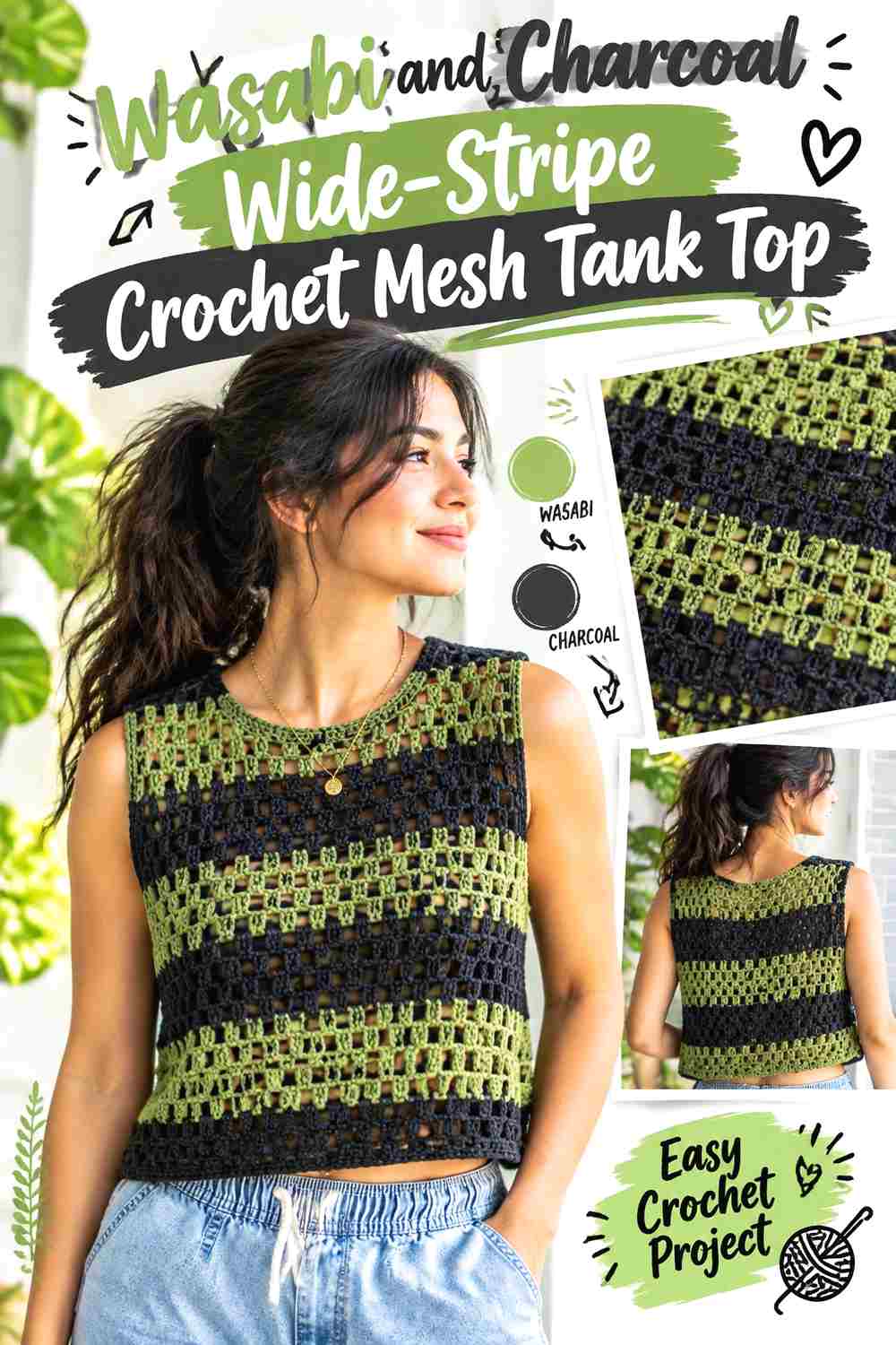 3. Wasabi And Charcoal Wide Stripe Crochet Mesh Tank Top