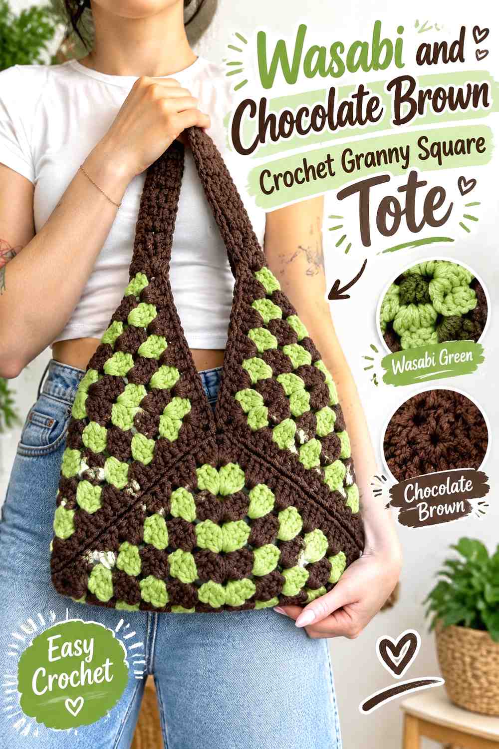 4. Wasabi And Chocolate Brown Crochet Granny Square Tote