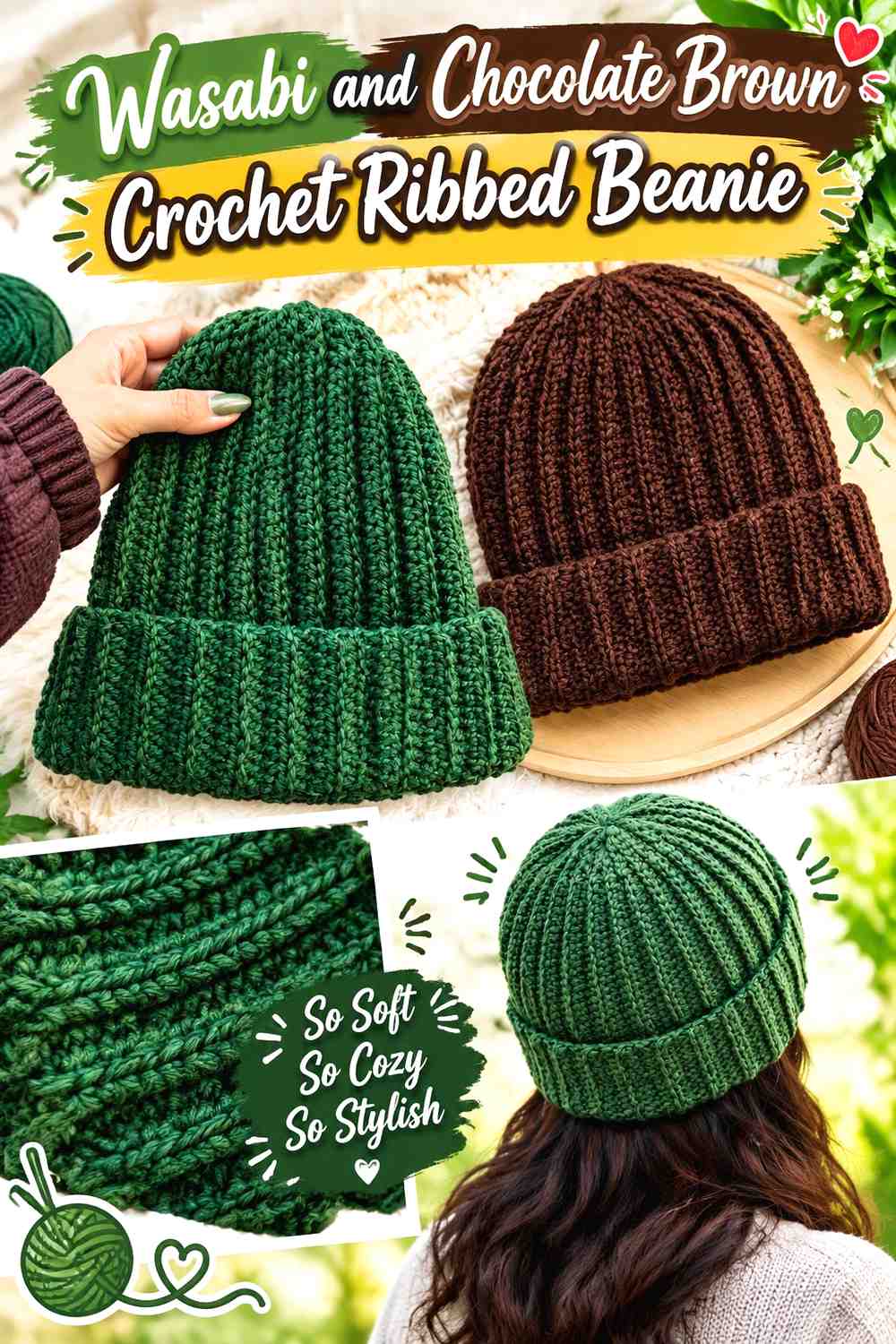6. Wasabi And Chocolate Brown Crochet Ribbed Beanie