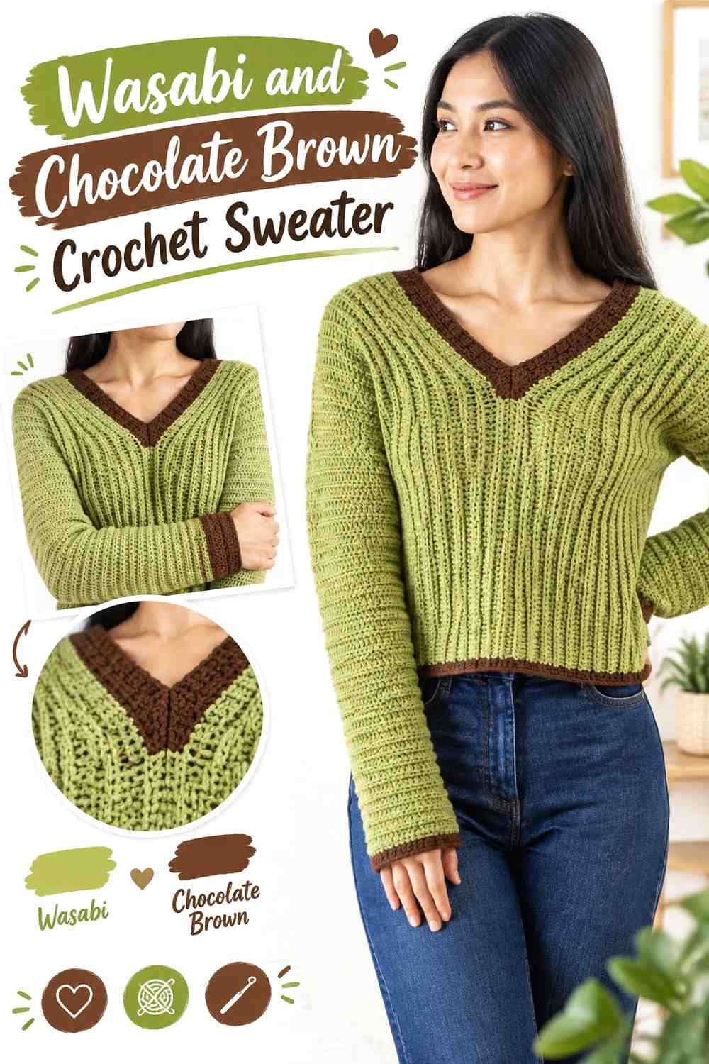 9. Wasabi And Chocolate Brown Crochet Sweater