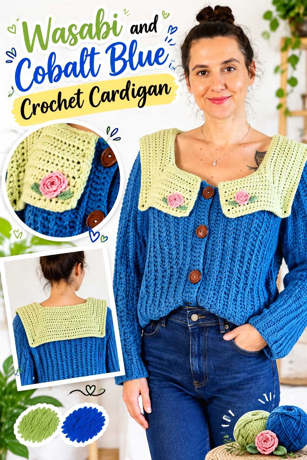 9. Wasabi And Cobalt Blue Crochet Cardigan