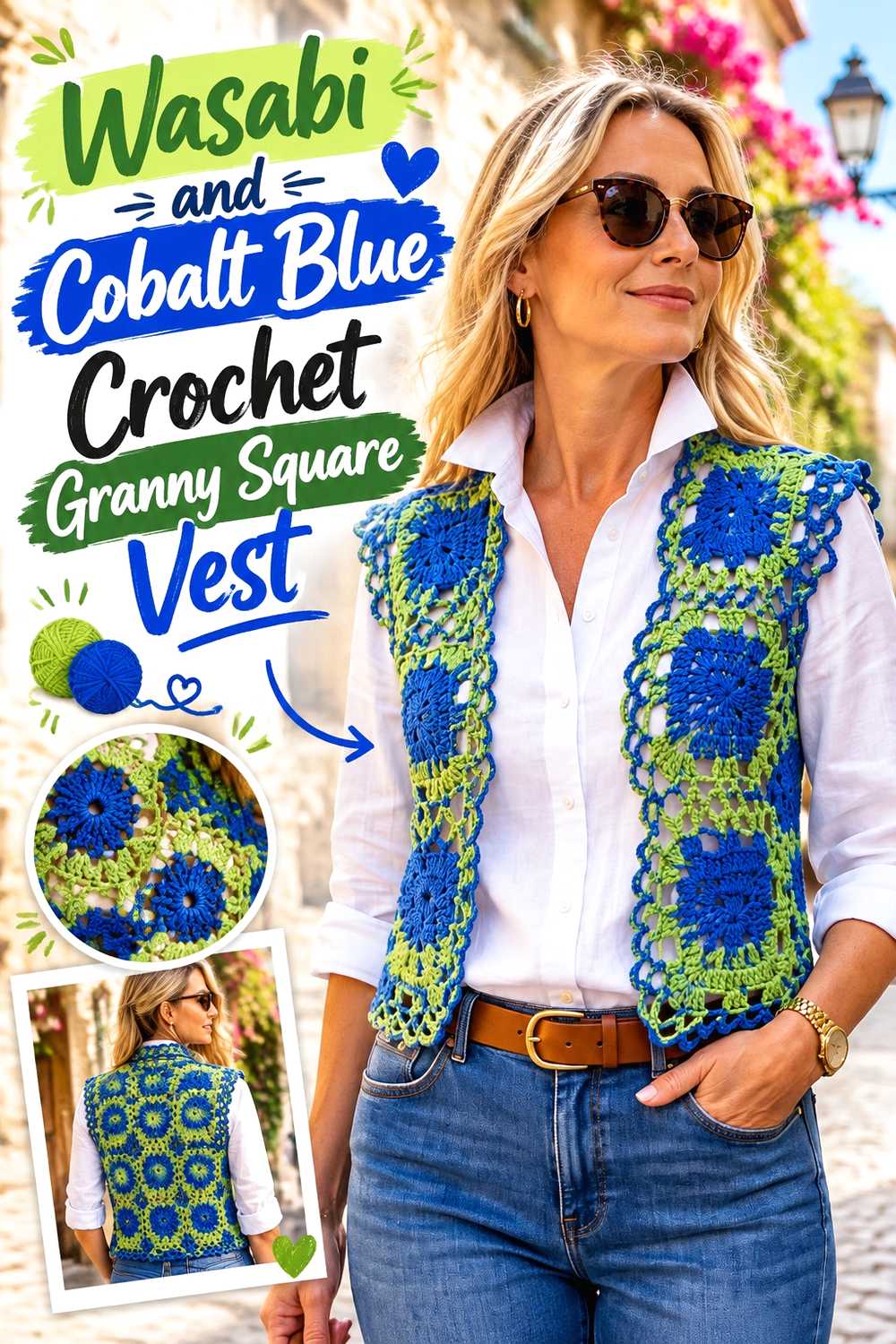 3. Wasabi And Cobalt Blue Crochet Granny Square Vest