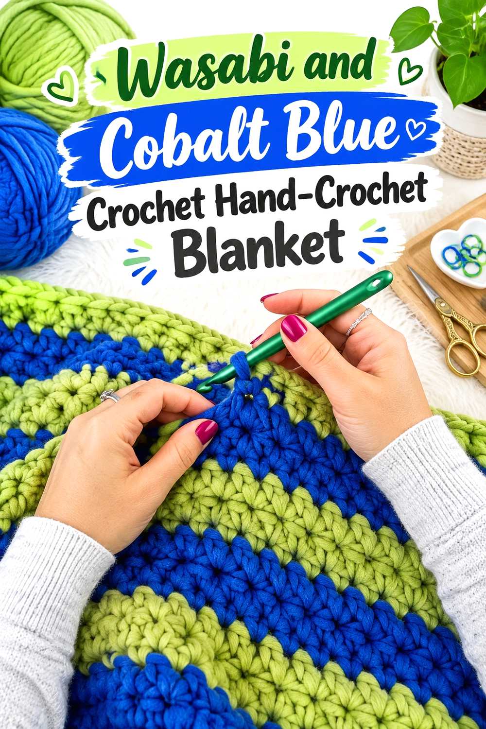 6. Wasabi And Cobalt Blue Crochet Hand Crochet Blanket