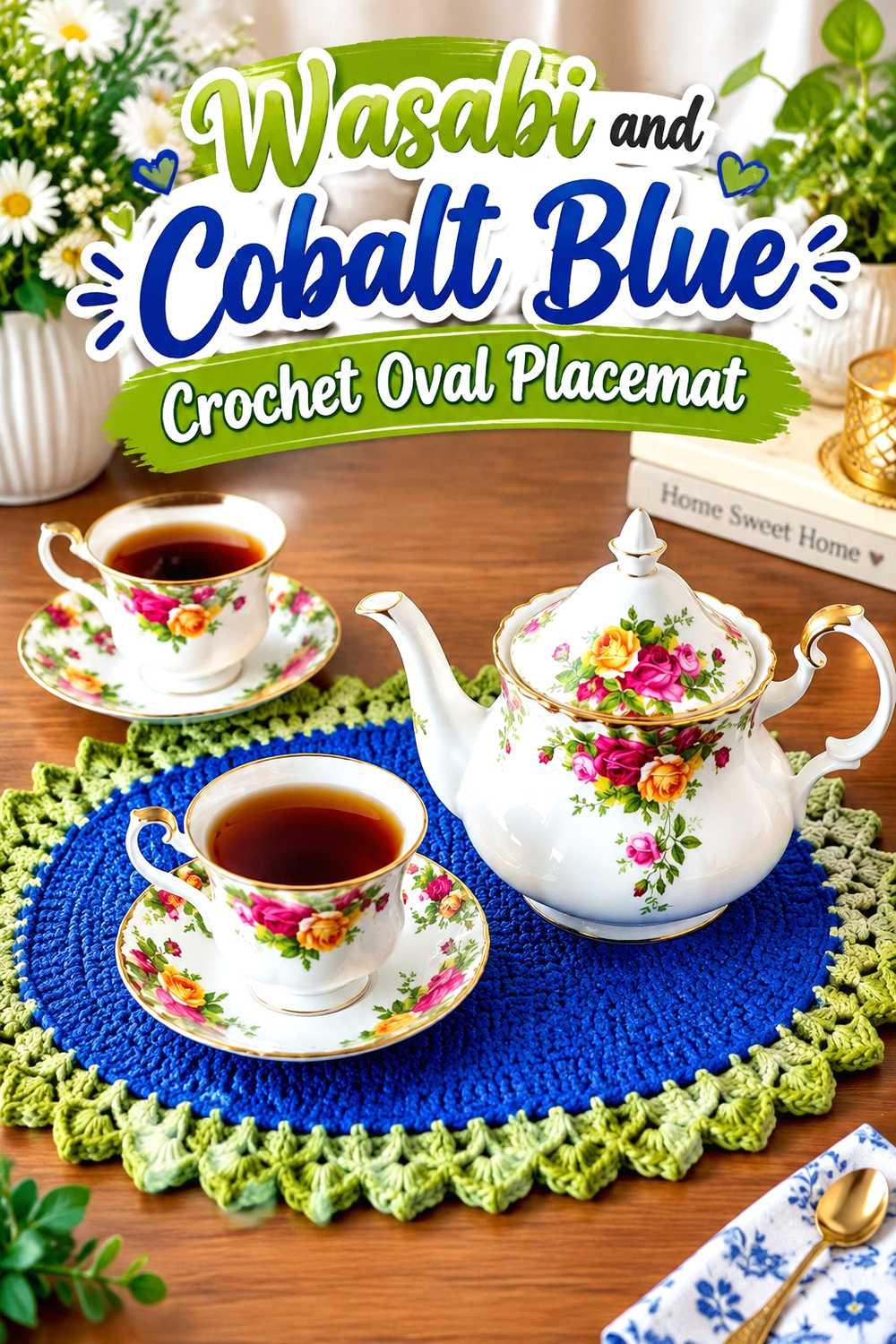 14. Wasabi And Cobalt Blue Crochet Oval Placemat