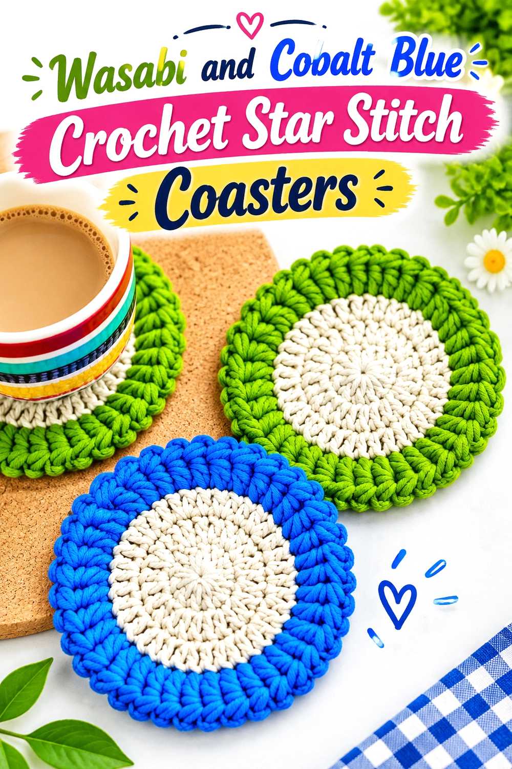 8. Wasabi And Cobalt Blue Crochet Star Stitch Coasters