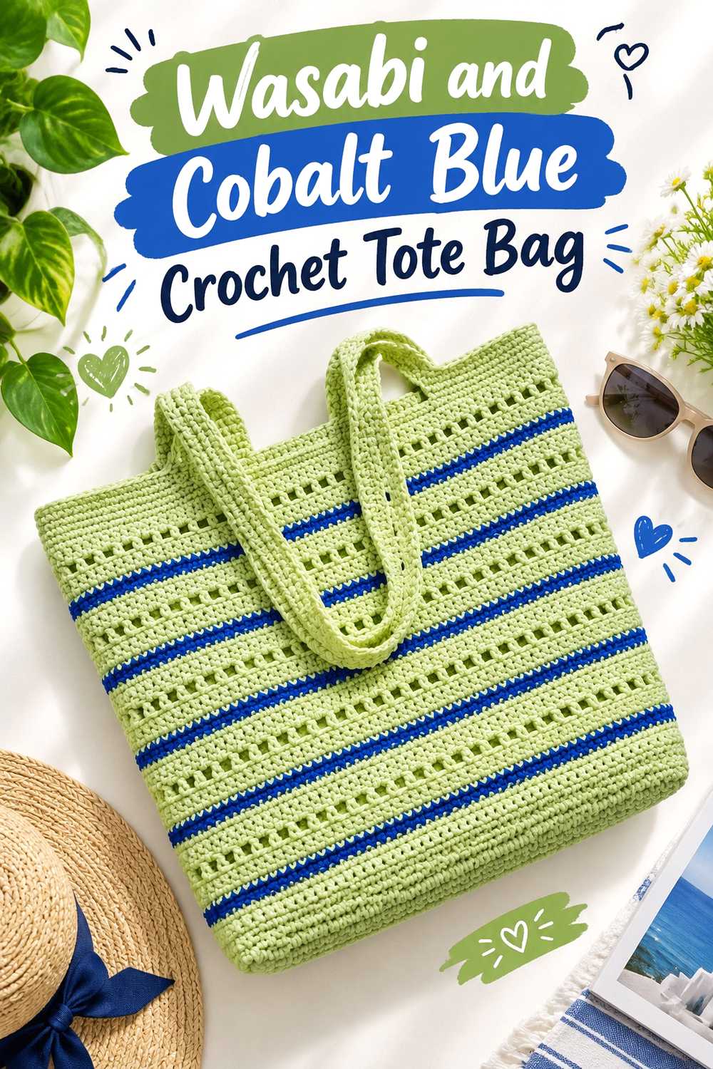 1. Wasabi And Cobalt Blue Crochet Tote Bag
