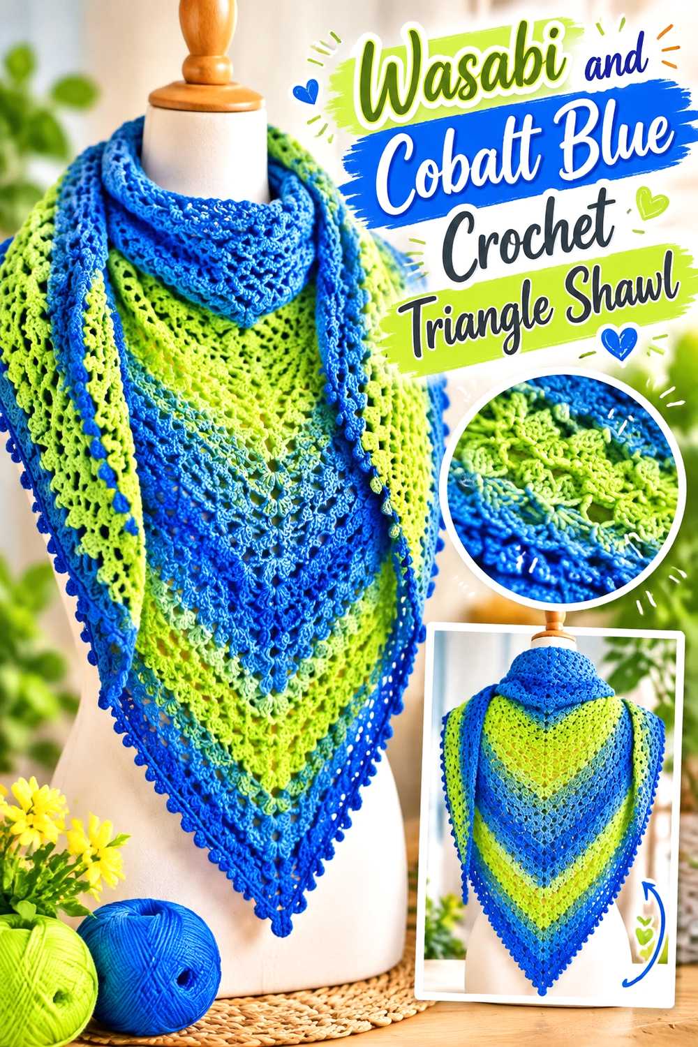 7. Wasabi And Cobalt Blue Crochet Triangle Shawl