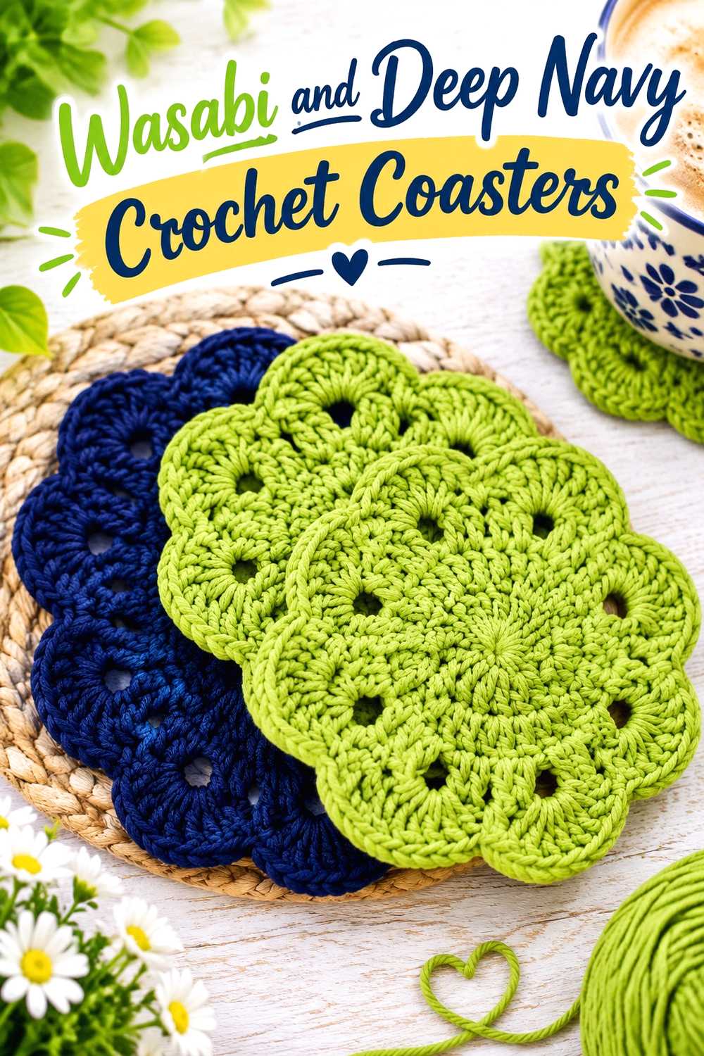 12. Wasabi And Deep Navy Crochet Coasters