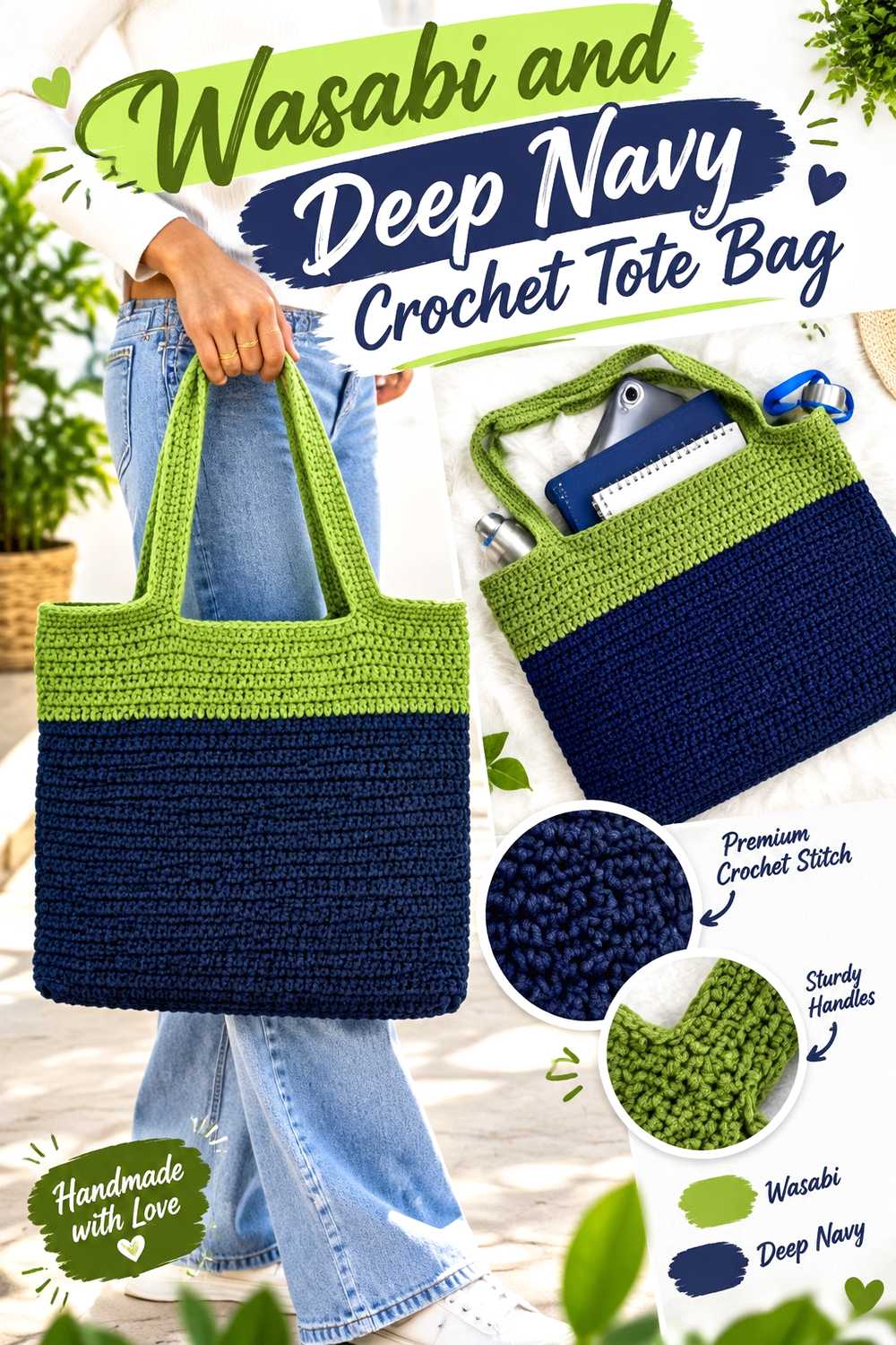 3. Wasabi And Deep Navy Crochet Tote Bag