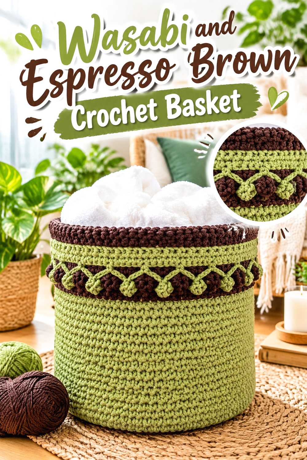 6. Wasabi And Espresso Brown Crochet Basket