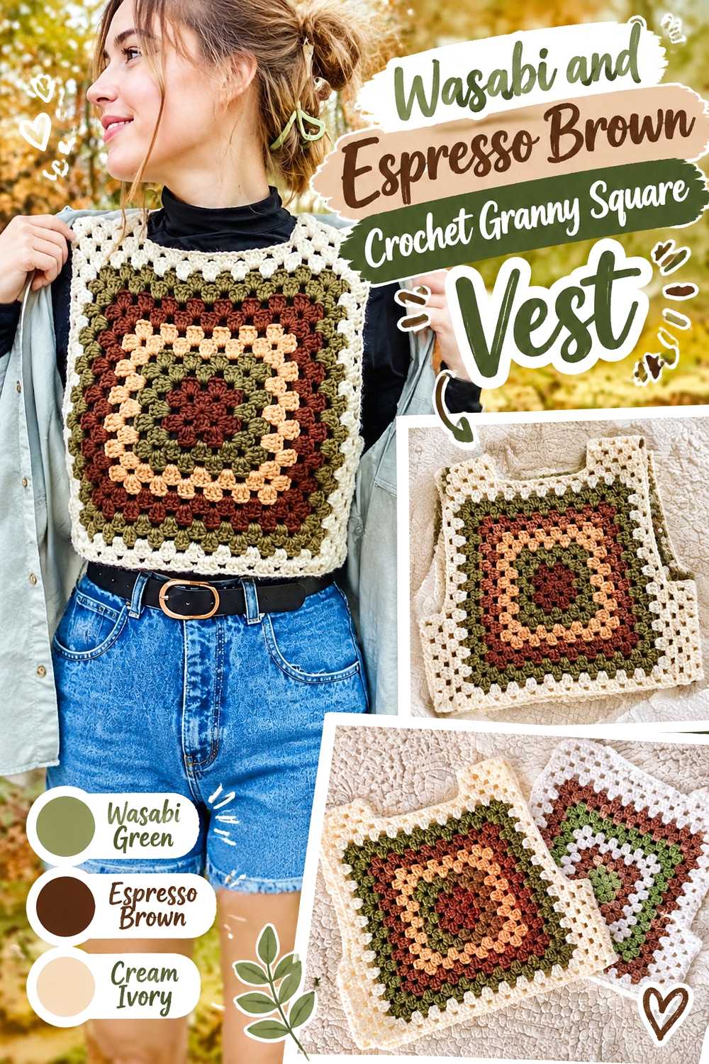 5. Wasabi And Espresso Brown Crochet Granny Square Vest