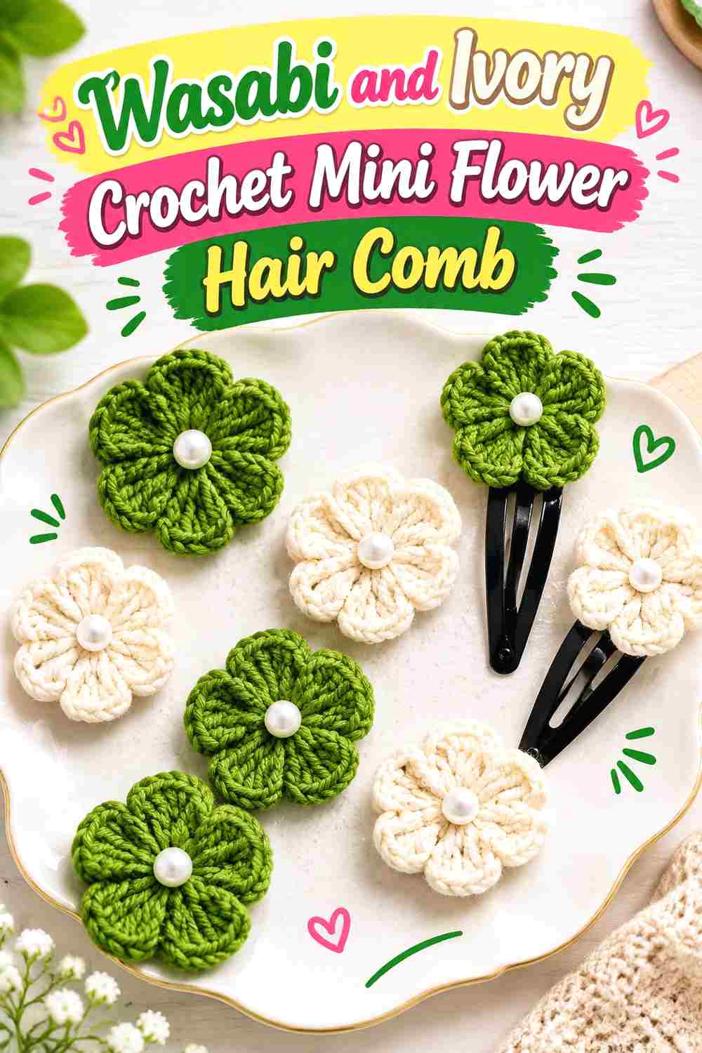4. Wasabi And Ivory Crochet Mini Flower Hair Comb