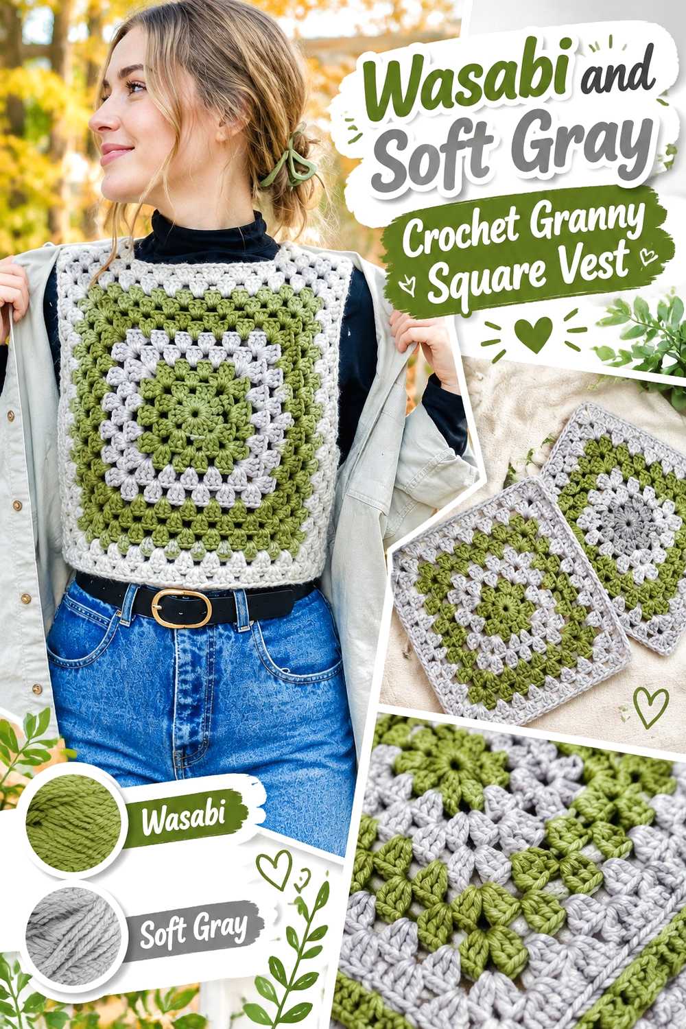 3. Wasabi And Soft Gray Crochet Granny Square Vest
