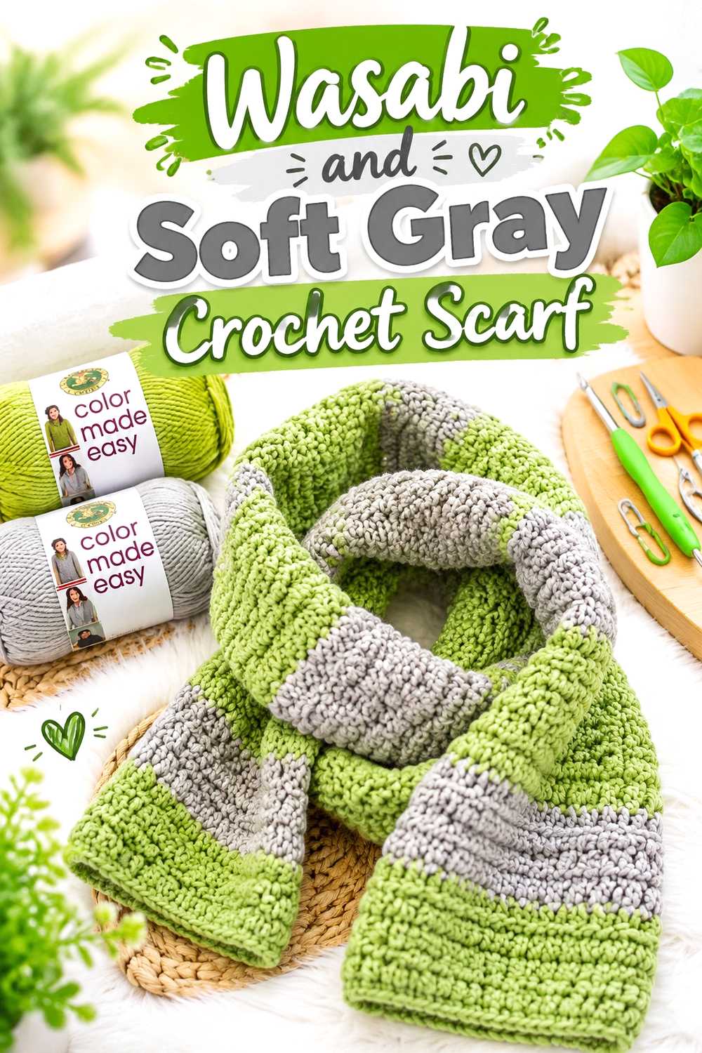 14. Wasabi And Soft Gray Crochet Scarf