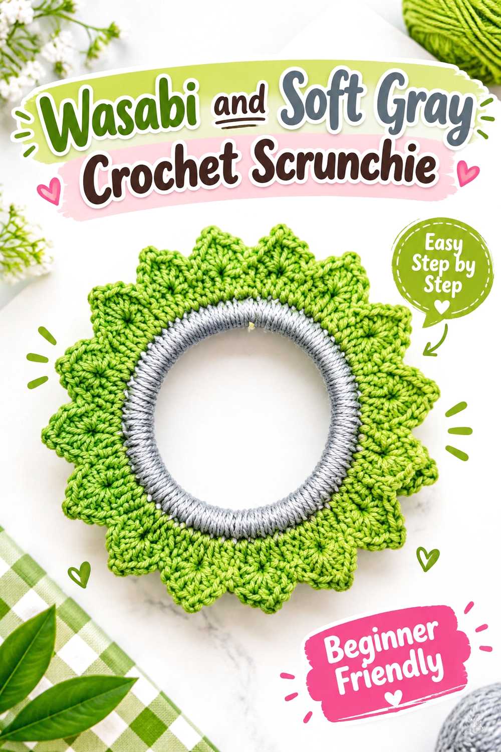 12. Wasabi And Soft Gray Crochet Scrunchie