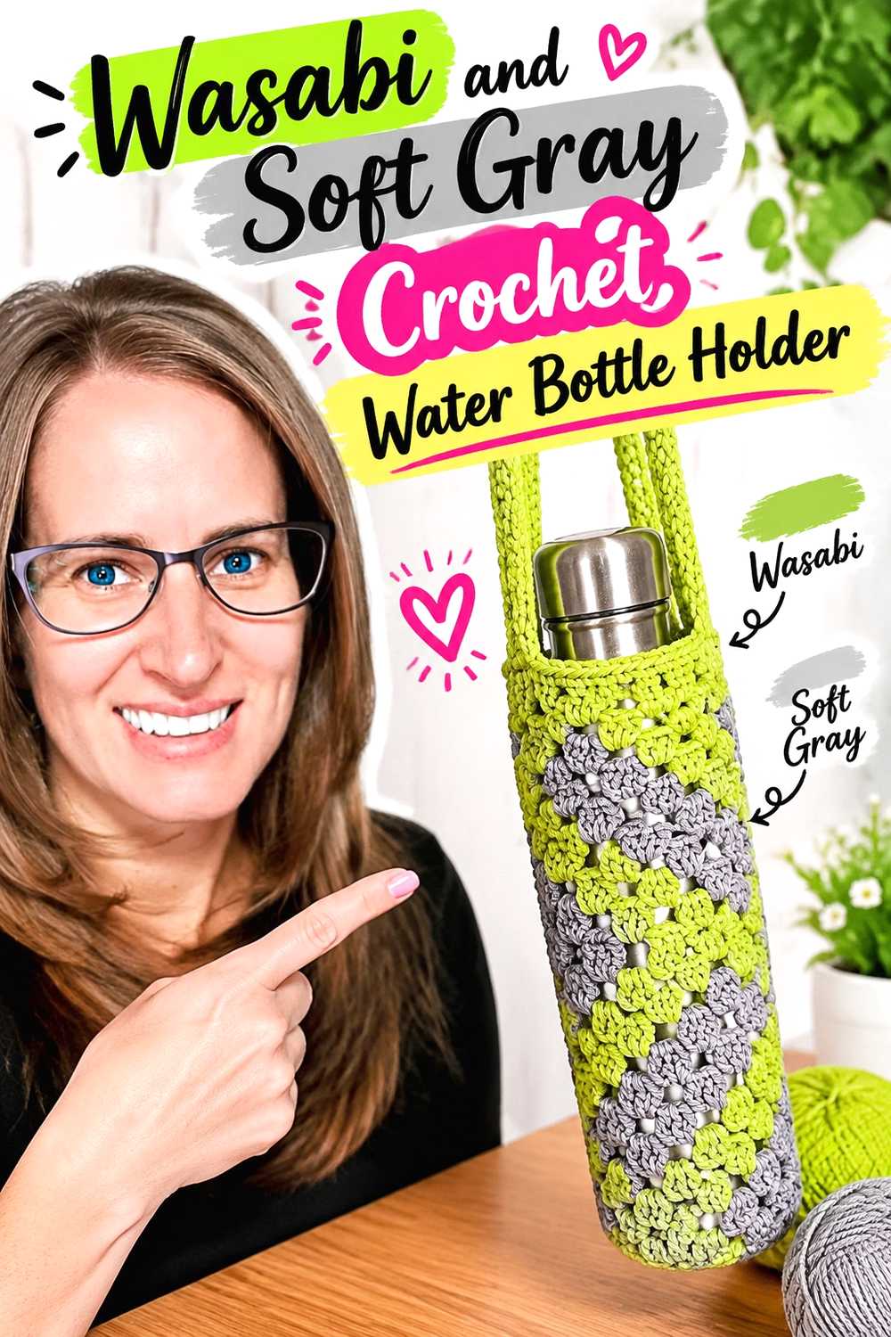9. Wasabi And Soft Gray Crochet Water Bottle Holder