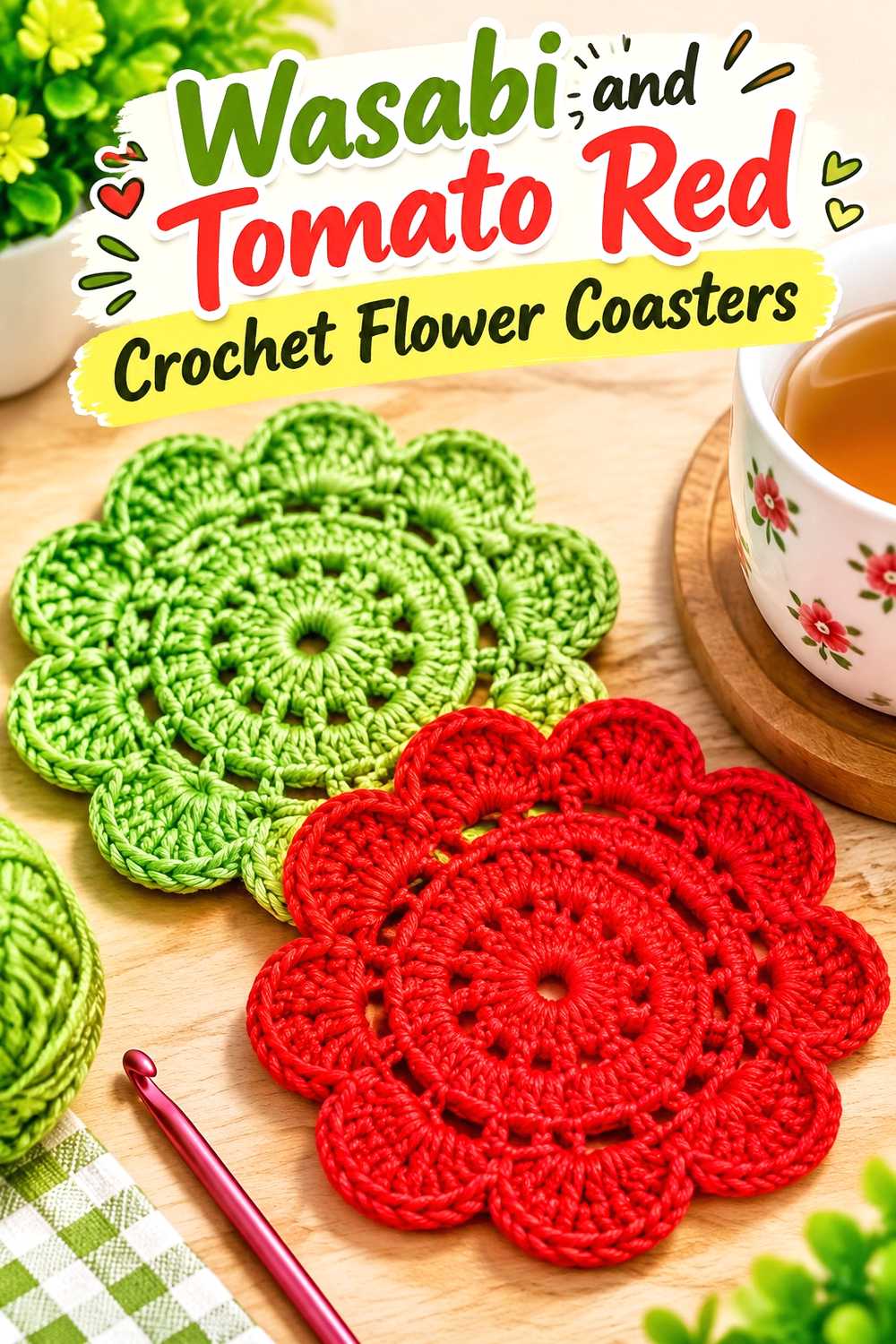 12. Wasabi And Tomato Red Crochet Flower Coasters