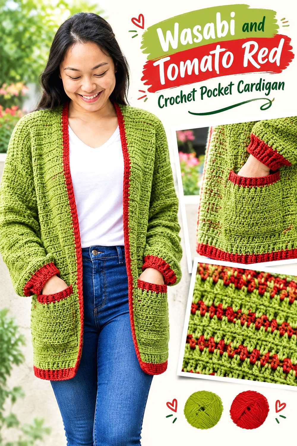 2. Wasabi And Tomato Red Crochet Pocket Cardigan
