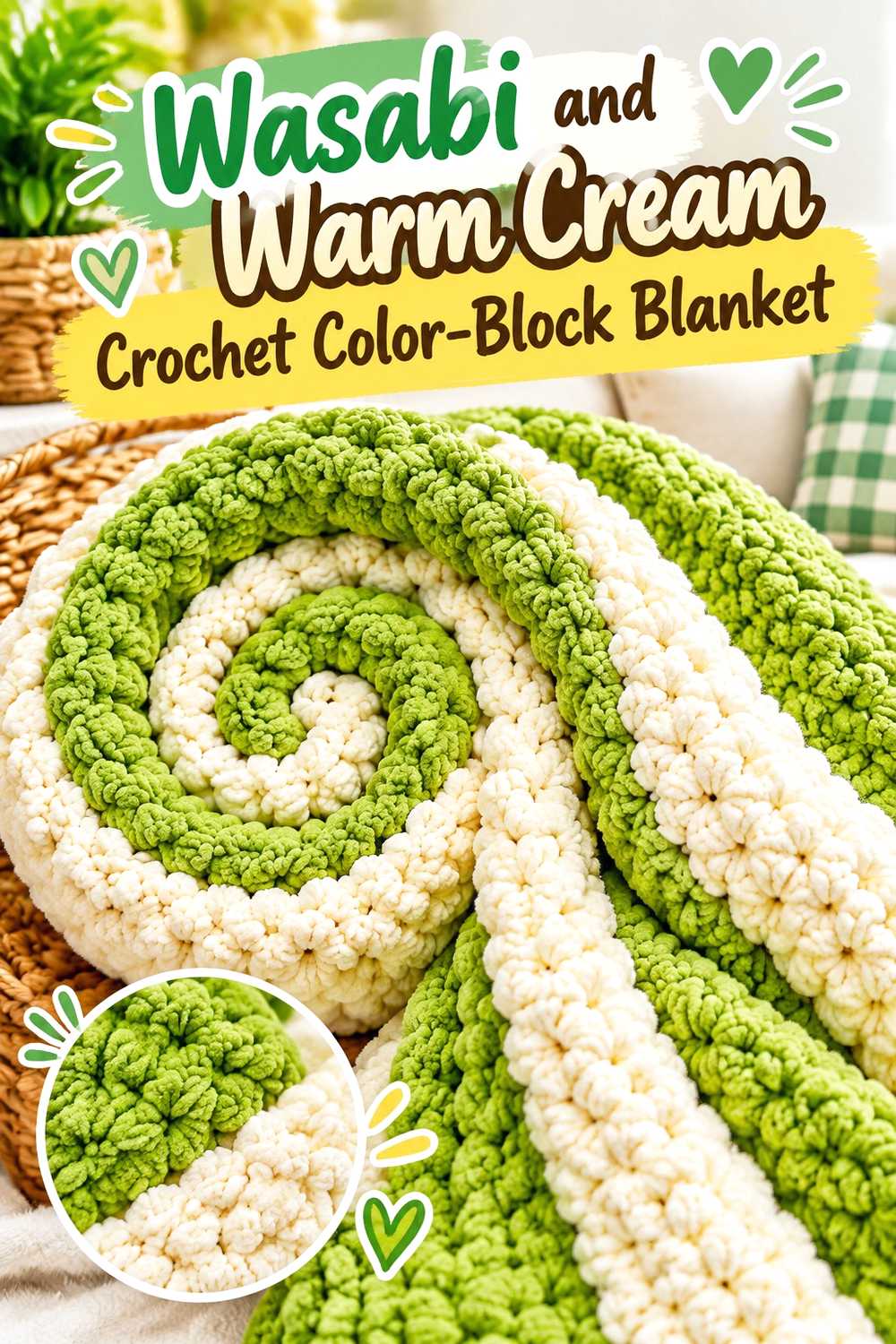 15. Wasabi And Warm Cream Crochet Color Block Blanket