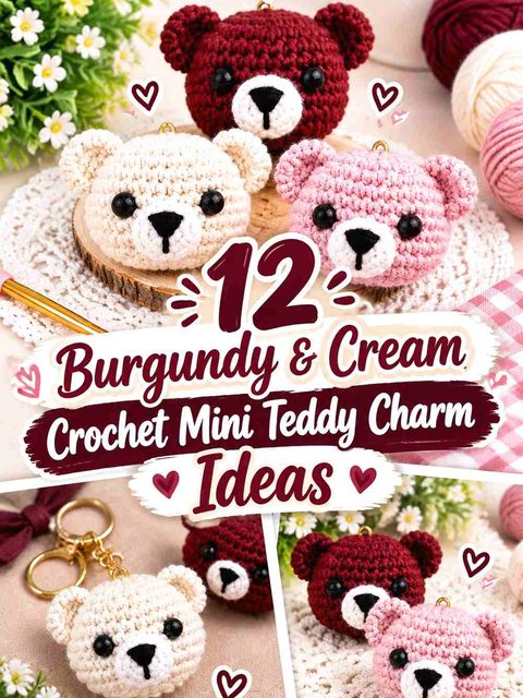 12 Burgundy & Cream Crochet Mini Teddy Charm Ideas
