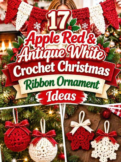 17 Apple Red & Antique White Crochet Christmas Ribbon Ornament Ideas