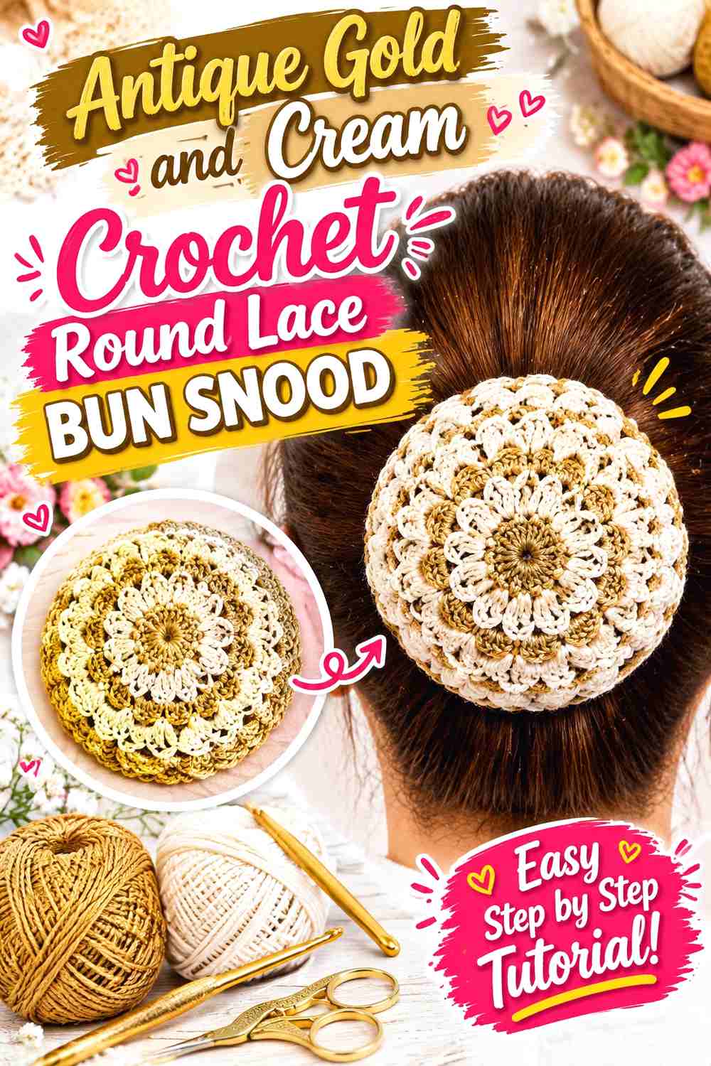 10. Antique Gold And Cream Crochet Round Lace Bun Snood